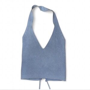 Debut Sky Blue Ribbed Halter Crop Top